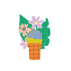 Vector illustration of an ice cream decorated with flowers and leaves. Summer dessert colorful concept. Prints, t shirt, card, bag, cup, branding design idea.