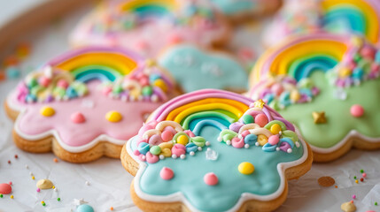 Festive sugar cookies decorated with vibrant rainbow colors for birthdays and Christmas cheer.