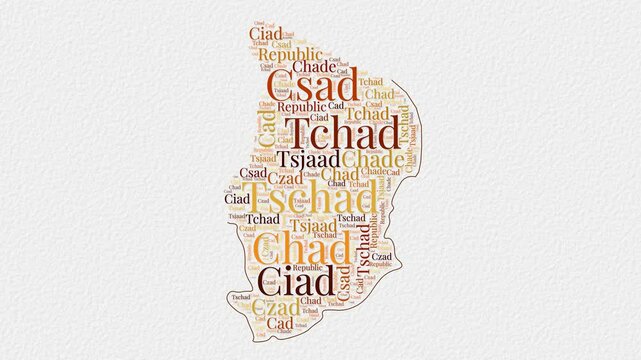 Chad logo animation. Chad boundary word cloud animation. Video of country names in multiple languages popping out on paper style background. Country opening, intro, presentation video.