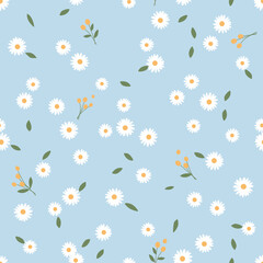 Seamless pattern with daisy flower, yellow branch and green leaves on blue background vector. Cute floral print.