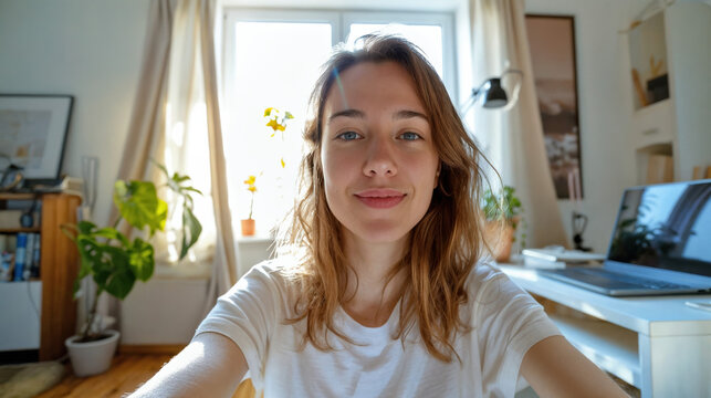 Natural Looking Woman Taking a Mobile Photo Selfie in Home Office with Casual Clothes, Relaxed Expression and Pose, Bright Natural Light, and Cozy Workspace