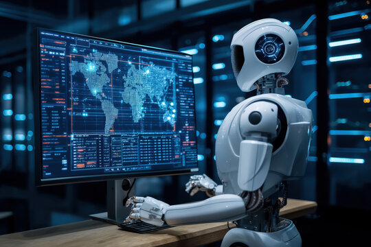 Roboter mit k&uuml;nstlicher Intelligenz, der einen Monitorbildschirm steuert