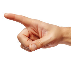 Hand showing something on white background.
Index finger pressing something isolated on transpare.