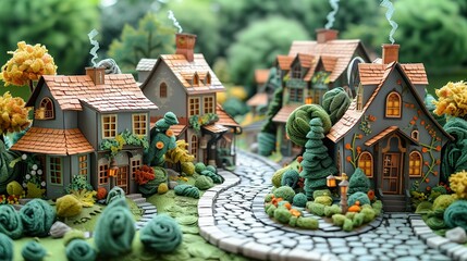 Fototapeta premium Paper craft fantasy village with quaint cottages and winding cobblestone streets, great for fairy tale scenes. Illustration, Minimalism,