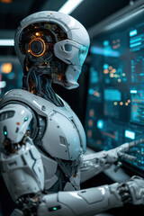 Roboter mit k&uuml;nstlicher Intelligenz, der einen Monitorbildschirm steuert