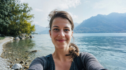 An average looking 30 year old woman taking a selfie outdoors with a natural expression by a lake. 