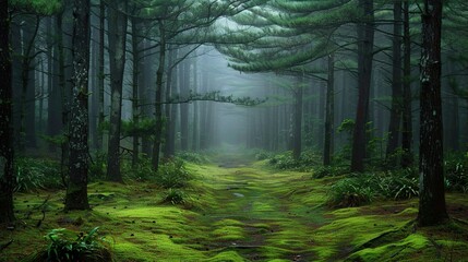 Obraz premium Misty pine forest with tall trees and mossy ground, sunlight penetrates the mist.