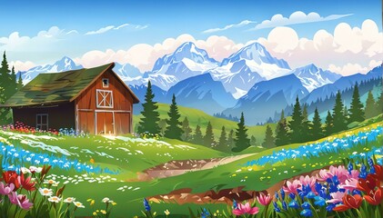 Springtime in Mountain Meadow with Old Barn Vector Art Background Illustration