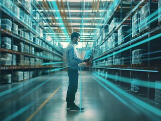 Futuristic Concept background. Data Center Chief Technology Officer Using Laptop, Standing In Warehouse