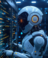 Fototapeta premium Roboter mit künstlicher Intelligenz, der einen Monitorbildschirm steuert
