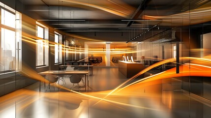 Obraz premium Dynamic light streaks in contemporary office interior