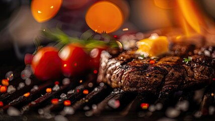 Grilled steak sizzling on the barbecue with flames and cherry tomatoes. Perfectly cooked meat topped with melting butter.