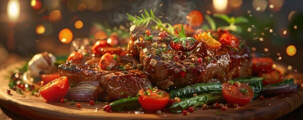 Delicious grilled steak garnished with tomatoes and herbs on a wooden board, perfect for a gourmet dinner setting.