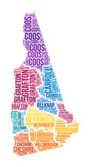 New Hampshire county word cloud in the shape of the state. A colored illustration featuring a collage of county names. Vector design.