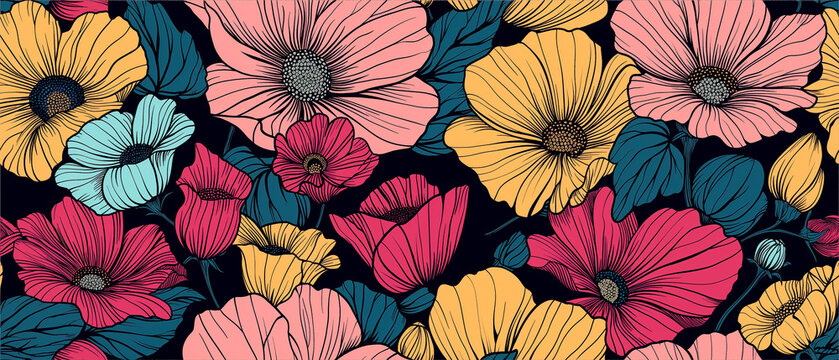 1930's vector style floral design and graphic pattern. Art Deco inspired wallpaper and resource background.