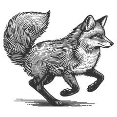 Obraz premium fox in motion, featuring a beautifully detailed, flowing tail sketch engraving generative ai fictional character vector illustration. Scratch board imitation. Black and white image.