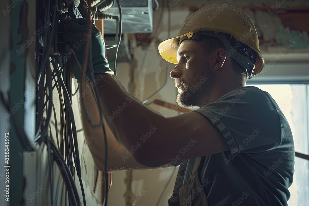 Poster an electrician carefully works on electrical wiring inside an open wall, ensuring proper installatio