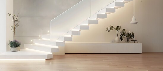 Chic white wood U-shaped floating staircase with hidden LED lights, frosted glass balustrade in a Scandinavian-style living room with light wooden floors and minimalist decor. 