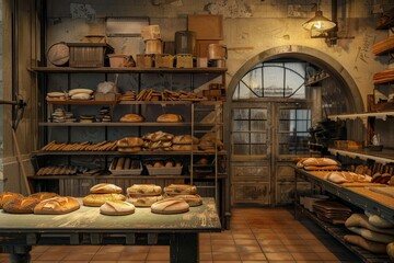 Small bakery with breads and rolls laid out on the table