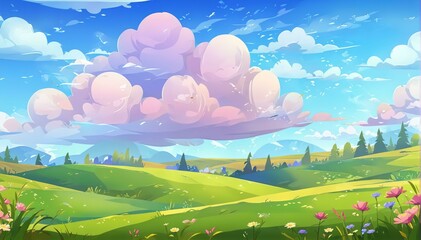 Rolling Hills Under Puffy Clouds Vector Art Background Illustration