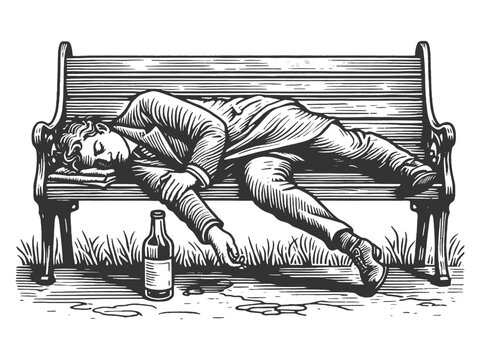 Drunk alcoholic man sleeping on a park bench with a bottle nearby, poignant scene sketch engraving generative ai fictional character vector illustration. Scratch board imitation. Black and white image