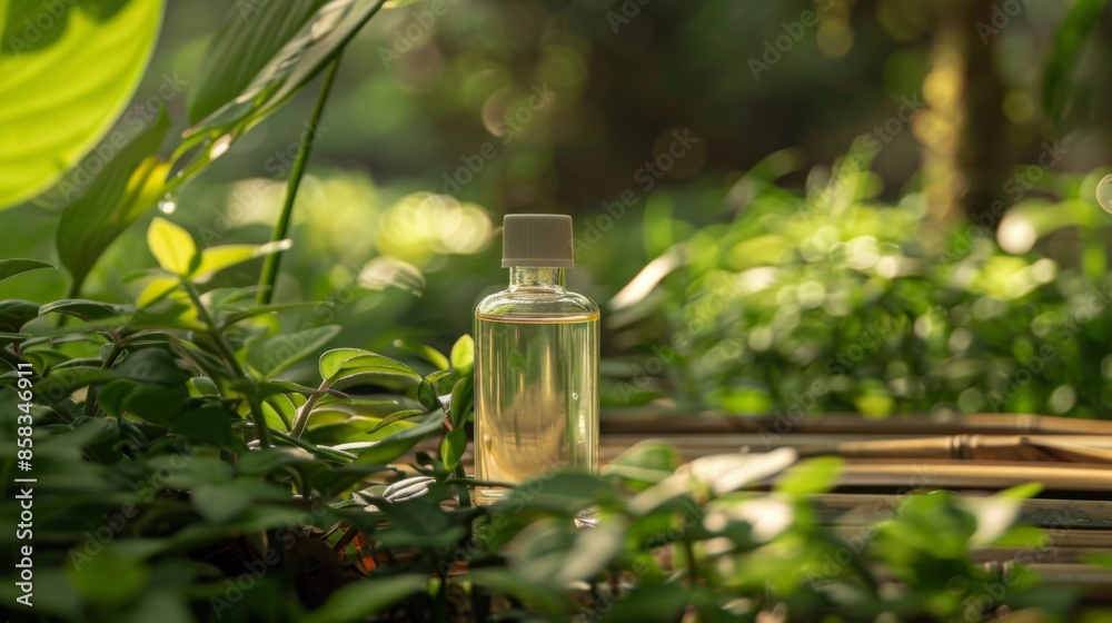Poster an essential oil bottle rests on green foliage, surrounded by vibrant leaves in a natural and serene