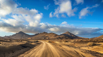 Panoramic view of the desert mountain road leading to the Sicasumbre astronomical observatory on Fuerteventura, Canary Islands, Spain.