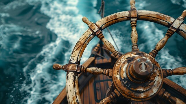 The helm symbolizes victory, personifies leadership qualities, love of freedom. Ship steering wheel on ship with sea and sky. Concept freedom and adventure.
