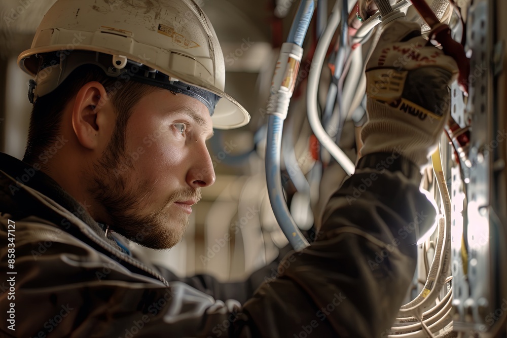 Poster an electrician in a hard hat is working on electrical wiring inside an open wall. he is carefully ex