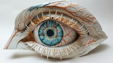 An intricately designed paper craft model of the human eye, highlighting its detailed anatomy, ideal for educational purposes and medical illustrations. Illustration, Minimalism,