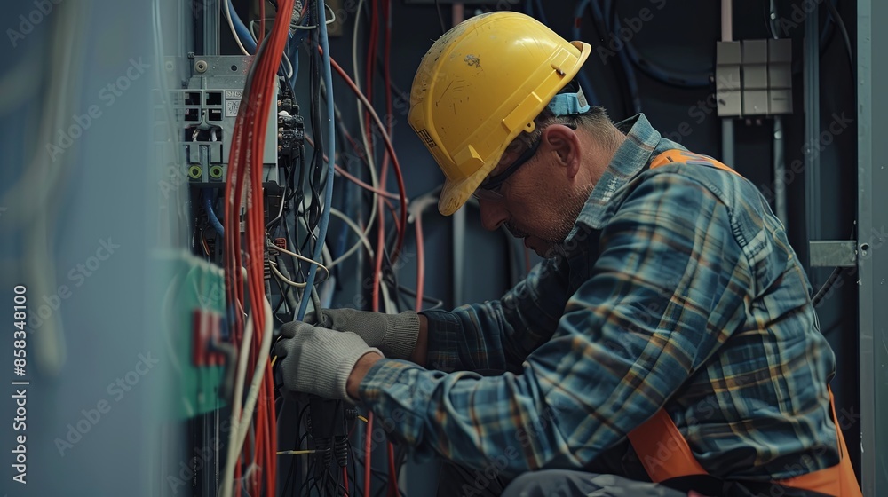 Poster a close-up of an electrician working on wiring inside a wall. generative ai