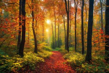 Fototapeta premium Autumn forest landscape, orange golden foliage, fall wallpaper
