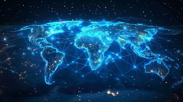 A brightly lit world map showcasing a network of interconnected lines, symbolizing global connectivity and data interchange in a futuristic, cyber theme.