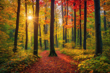 Fototapeta premium Autumn forest landscape, orange golden foliage, fall wallpaper