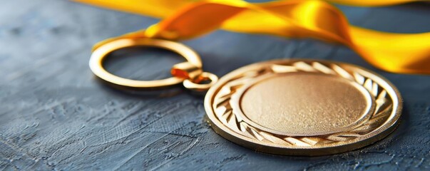 A close-up of a gold medal with a yellow ribbon lies on a textured blue surface, symbolizing achievement and victory.