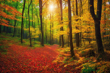 Obraz premium Autumn forest landscape, orange golden foliage, fall wallpaper