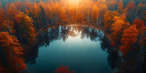 Fototapeta premium Autumn forest with a clearing and a pond reflecting foliage