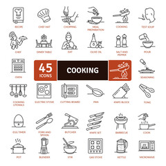 Cooking icon pack, utensils and food preparation. Frying, boiling, baking and ready to eat. Cookery, cuisine , culinary art, dish , food , haute cuisine, food preparation