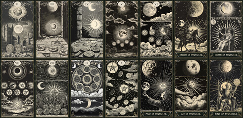 vintage vintage style deck of tarot cards. magical predictions of the future, mysterious characters. AI generated
