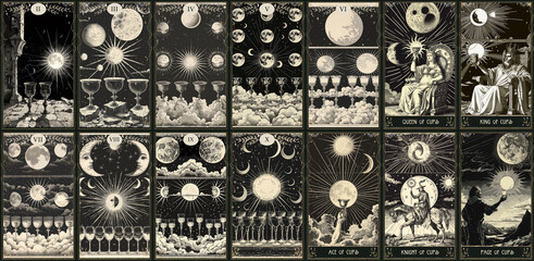 vintage vintage style deck of tarot cards. magical predictions of the future, mysterious characters. AI generated