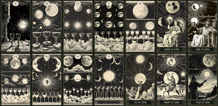 vintage vintage style deck of tarot cards. magical predictions of the future, mysterious characters. AI generated