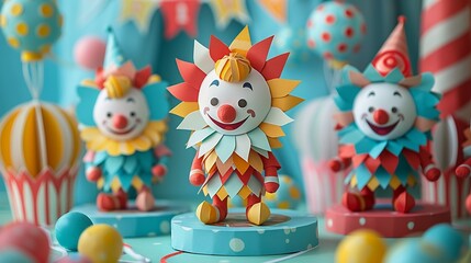 Fototapeta premium Paper craft circus clowns entertaining the audience with slapstick antics, ideal for circus-themed designs. Illustration, Minimalism,