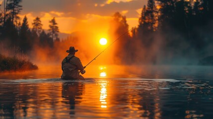 Fototapeta premium Fisherman at Sunset with Foggy Lake