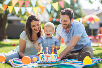 Happy family celebrating child’s birthday outdoors. A joyful scene showcasing parental love and child happiness in a festive garden setting. Ideal for family-oriented marketing and lifestyle content.