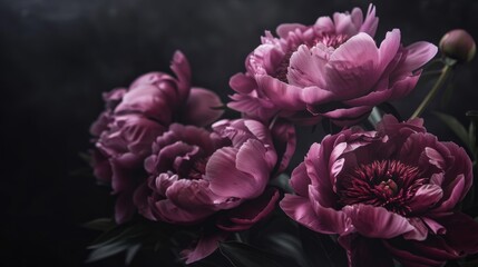 Obraz premium Peonies in dark hues with black floral backdrop for festive theme Soft focus and room for text