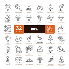 Idea icons pack. Idea may apply to a mental image or formulation of something seen or known or imagined