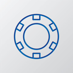 Casino, poker chip simple icon vector. Flat design. Paper cut design. Cutted blue symbol with shadow. Gray background
