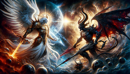Obraz premium A cosmic battle between good and bad,God versus demons