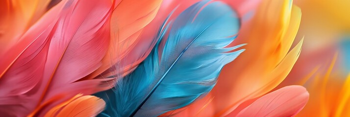 Fototapeta premium Vibrant feathers close-up. A visually captivating image showcasing colorful feathers in hues of blue, orange, and pink. Ideal for creative design projects, marketing materials