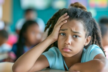 Pensive young girl in classroom. A thoughtful child resting her head on her hand, possibly experiencing fatigue or stress. Ideal for educational and psychological contexts